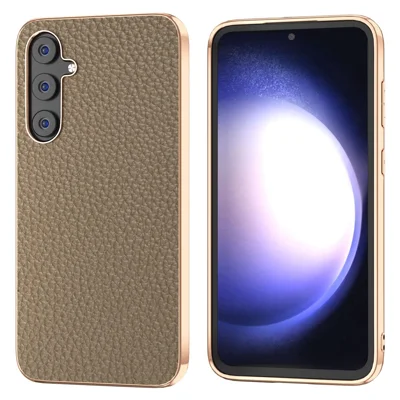 For Samsung Galaxy S23 FE Litchi Texture Back Cover Nano Electroplating Genuine Cow Leather Coated TPU+PC Phone Case - Khaki