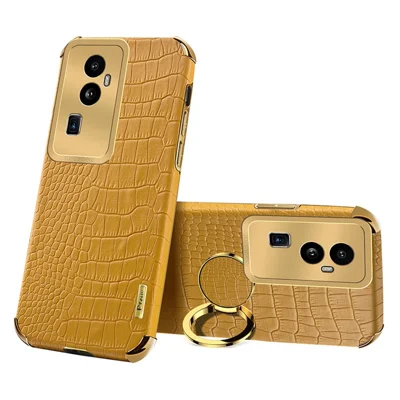 Para Oppo Reno10 Pro+ 5G Crocodile Texture Ring Kickstand Phone Case 6D Electroplated Leather+TPU Cover - Amarelo