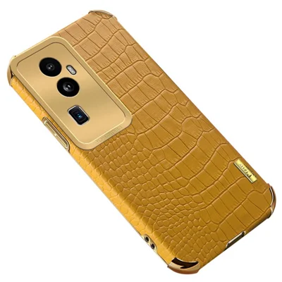 Voor Oppo Reno10 Pro+ 5G Krokodillenstructuur Lederen+TPU Anti-val Cover 6D Gegalvaniseerd Telefoonhoesje - Geel