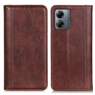 For Motorola Moto G14 4G Litchi Texture Phone Case Anti-Scratch Split Leather Wallet Stand Cover - Brown