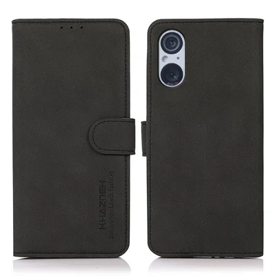 KHAZNEH For Sony Xperia 5 V Smartphone Case Textured PU Leather Wallet Stand Cell Phone Cover - Black