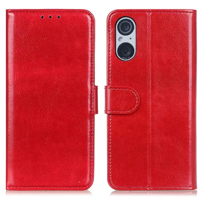 For Sony Xperia 5 V Anti-Fingerprint Phone Case Crazy Horse Texture PU Leather Wallet Stand Cover - Red