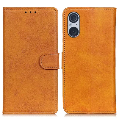 Para el caso del teléfono Sony Xperia 5 V de cuero, resistente a los arañazos, textura de cuero de vaca, funda tipo cartera con soporte - marrón