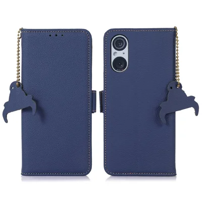 Funda de billetera con bloqueo RFID para Sony Xperia 5 V, funda de teléfono de piel auténtica de vaca con textura de litchi y soporte - Zafiro