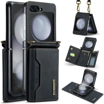 DG.MING M2 Series for Samsung Galaxy Z Flip5 5G Leather Coated+PC Phone Case Magnetic Kickstand Cover Card Holder - Black