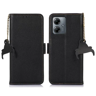 For Motorola Moto G14 4G Litchi Texture Genuine Cow Leather Phone Case RFID Blocking Wallet Stand Cover - Black