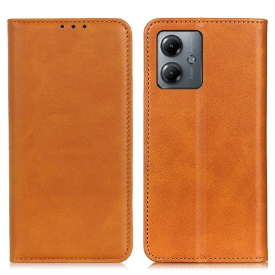For Motorola Moto G14 4G Anti-drop Phone Case Cowhide Texture Split Leather Wallet Stand Shell - Brown