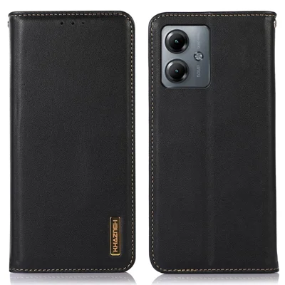 KHAZNEH Genuine Cow Leather Phone Case for Motorola Moto G14 4G RFID Blocking Wallet Stand Cover - Black