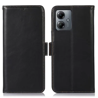 For Motorola Moto G14 4G Genuine Cow Leather Wallet Phone Case RFID Blocking Flip Stand Cover - Black