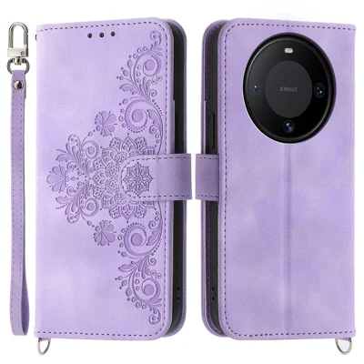 For Huawei Mate 60 Pro Phone Leather Case Imprinted Flower Stand Wallet Cover with Wrist Strap + Shoulder Strap - Light Purple