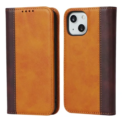 For iPhone 15 Plus PU Leather Phone Case Bi-color Splicing Anti-scratch Stand Wallet Cover - Yellow+Brown