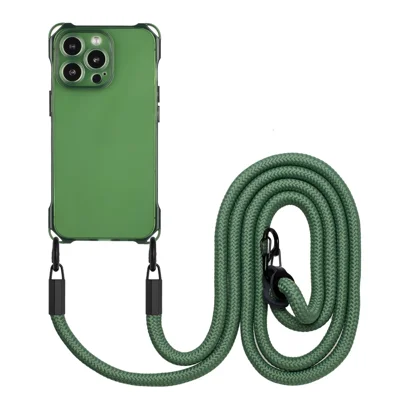 Capa de telefone TPU para iPhone 15 Pro Max com absorção de choque nos quatro cantos e com corda de suspensão - Verde Exército