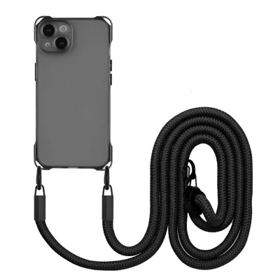 TPU Cell Phone Case for iPhone 15 Plus Four Corners Drop Protection Shell Cover with Hanging Rope - Black