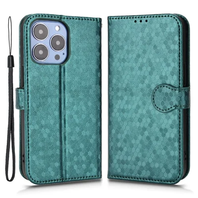 For iPhone 15 Pro Max Dot Imprinted Shockproof Cover Leather Wallet Stand Mobile Phone Case - Green