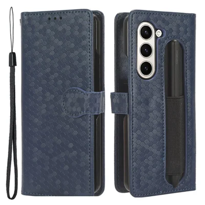 For Samsung Galaxy Z Fold5 5G PU Leather Wallet Case Dot Imprint Stand Phone Cover with Pen Holder - Dark Blue