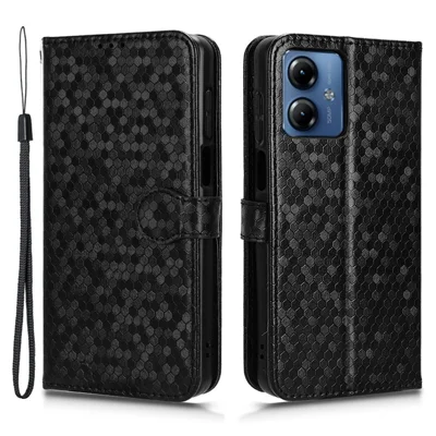 Anti-drop Phone Case for Motorola Moto G14 4G PU Leather Wallet Stand Dot Imprinted Cover - Black