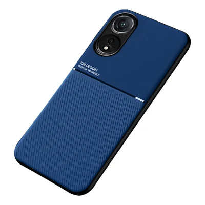Voor Oppo A78 4G Structuur Anti-val Cover Telefoonhoes PU Leer+TPU Telefoonshell met Ingebouwde Metalen Plaat - Blauw