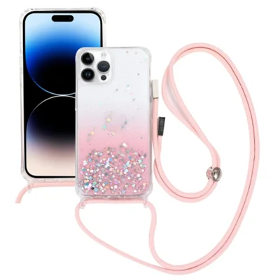 Glitter Gradient Epoxy Anti-Scratch Phone Cover for iPhone 15 Plus Shockproof TPU Case with Slim Lanyard - Pink