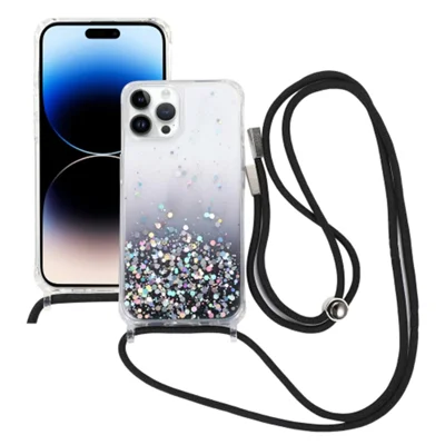 Glitter Gradient Epoxy Anti-Drop TPU Case for iPhone 15 Pro Protective Phone Cover with Slim Lanyard - Black