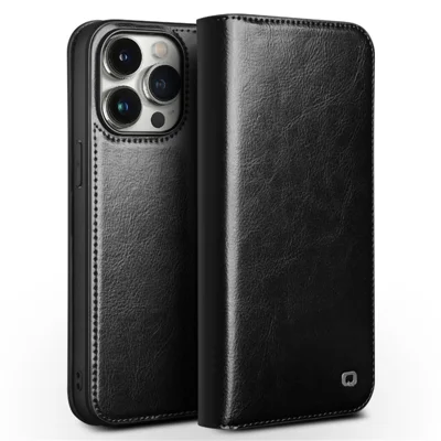 QIALINO Für iPhone 15 Pro Stoßfeste Echtleder-Klapphülle Voller Schutz Geldbörse Cover Ständer - Schwarz