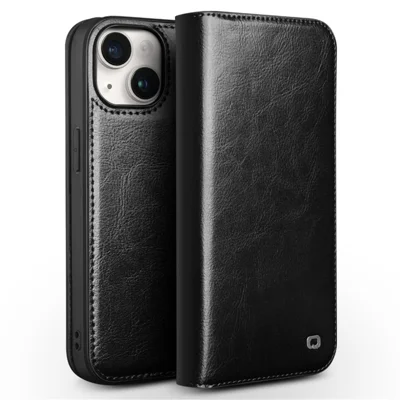 QIALINO For iPhone 15 Plus Anti-Drop Genuine Leather Phone Case Stand Full Wrapped Wallet Flip Cover - Black