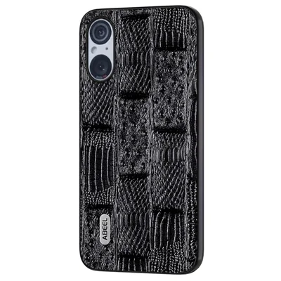 ABEEL For Sony Xperia 5 V Genuine Cow Leather+PC+TPU Case Mahjong Texture Phone Cover - Black