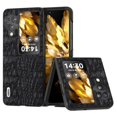 ABEEL For Oppo Find N3 Flip 5G Canopy Texture Folding Phone Case Genuine Cow Leather Coated PC Back Cover - Black