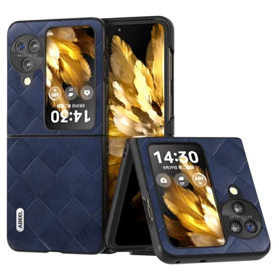 ABEEL For Oppo Find N3 Flip 5G Folding Phone Case PU Leather Coated PC+TPU Grid Texture Phone Cover - Blue
