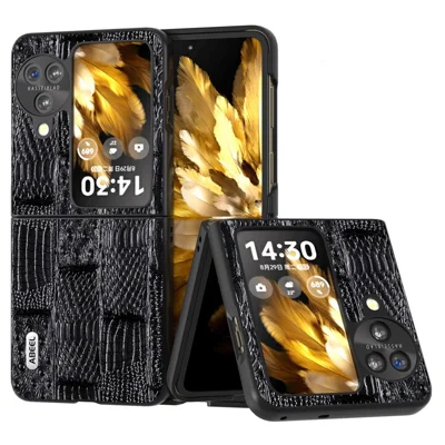 ABEEL For Oppo Find N3 Flip 5G Mahjong Texture Folding Phone Case Genuine Cow Leather+PC Cover - Black