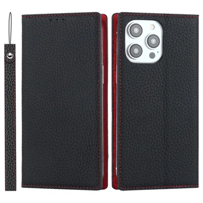 Voor iPhone 15 Pro Max Echt Rundleder Portemonnee Standhoes Litchi-structuur Telefoonhoes met Bandje - Zwart