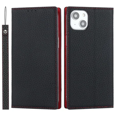For iPhone 15 Genuine Cow Leather Case Litchi Texture Anti-fall Wallet Stand Phone Cover with Strap - Black