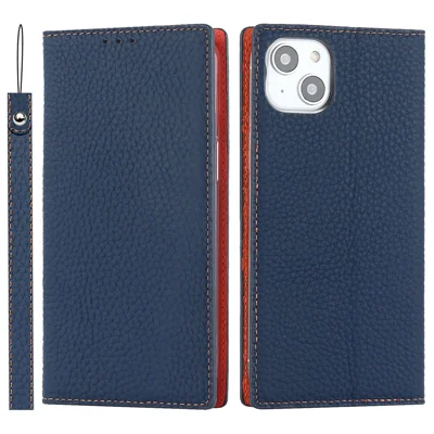 For iPhone 15 Plus Genuine Cow Leather Litchi Texture Phone Case Flip Wallet Stand Cover with Strap - Dark Blue