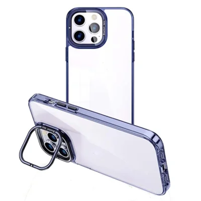 For iPhone 15 Plus Soft Clear TPU Phone Case Electroplating Mobile Phone Cover Lens Frame Kickstand - Blue