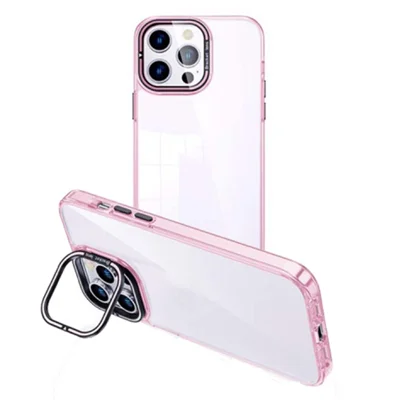For iPhone 15 Plus Soft Clear TPU Phone Case Electroplating Mobile Phone Cover Lens Frame Kickstand - Pink