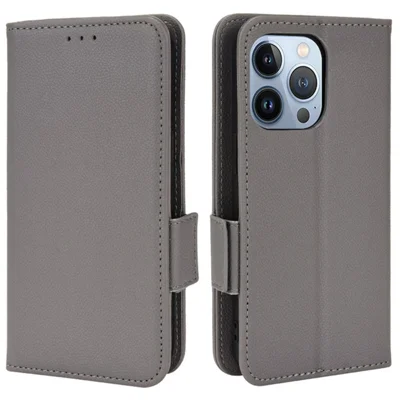 For iPhone 15 Pro Folio Flip PU Leather Phone Case Litchi Texture Stand Wallet Phone Cover - Grey