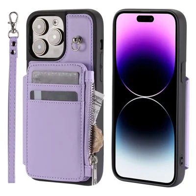 For iPhone 15 Plus Drop-proof PU Leather+TPU Phone Case RFID Blocking Wallet Cover with Wrist Strap - Purple