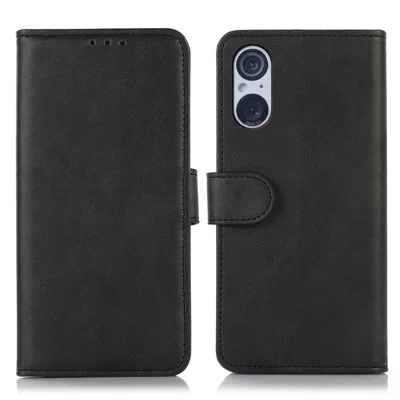 Para Sony Xperia 5 V Funda de teléfono de cuero de vaca con textura Flip Cartera de cuero Soporte Anticaída - Negro