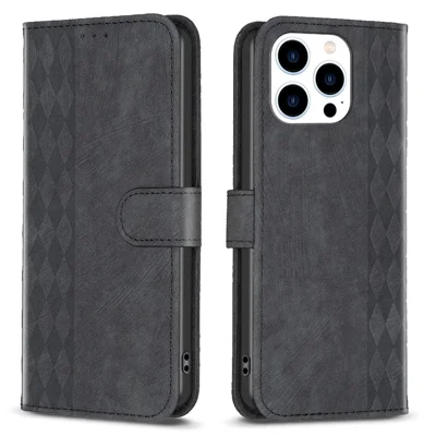For iPhone 15 Pro Max Rhombus Imprinted PU Leather Case Stand Wallet Phone Cover - Black