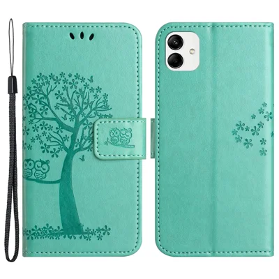 For Motorola Moto G14 4G Owl Tree Imprinted Phone Cover PU Leather Stand Wallet Case - Cyan