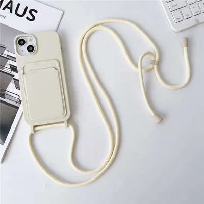 For iPhone 15 Plus Soft Liquid Silicone Case Card Holder Scratchproof Protective Cover with Strap - Beige