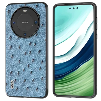 ABEEL Ostrich Texture Phone Case for Huawei Mate 60 Pro Genuine Cow Leather Coated PC+TPU Cover - Blue