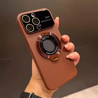 For iPhone 15 Pro Max Kickstand Phone Cover Compatible with MagSafe Logo View PC Case with Lens Film - Maroon Red