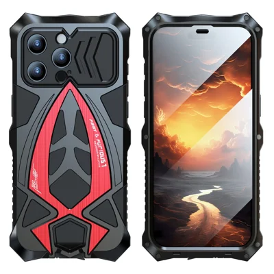 LUPHIE Estuche Antichoque a Prueba de Golpes de Metal+TPU para iPhone 15 Pro Max, Diseño de Coche Deportivo, Cubierta con Protector de Pantalla - Negro / Rojo
