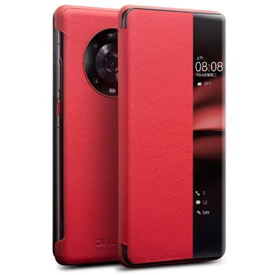 QIALINO for Honor Magic4 Pro 5G Genuine Cow Leather PC Phone Cover View Window Folio Flip Case - Red