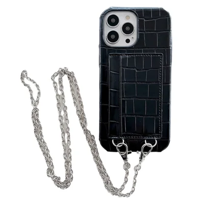 For iPhone 15 Plus Protective Case Crocodile Textured PU+PC 2 Card Slots Phone Cover Anti-Scratch Phone Shell with Strap - Black