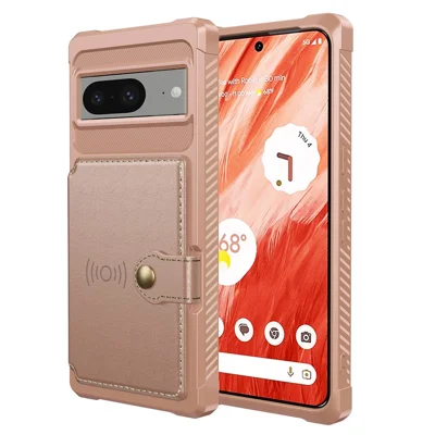 Per Google Pixel 8 Card Bag Phone Case PU Leather+TPU Cover Support Magnetic Car Mount - Pink