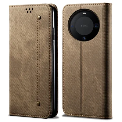 Per Huawei Mate 60 Flip Stand Wallet Case Jeans Cloth Texture PU Leather Protective Phone Cover - Khaki