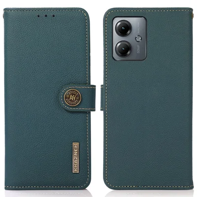 KHAZNEH Anti-drop Wallet Case for Motorola Moto G14 4G RFID Blocking Genuine Cow Leather Stand Phone Cover - Green