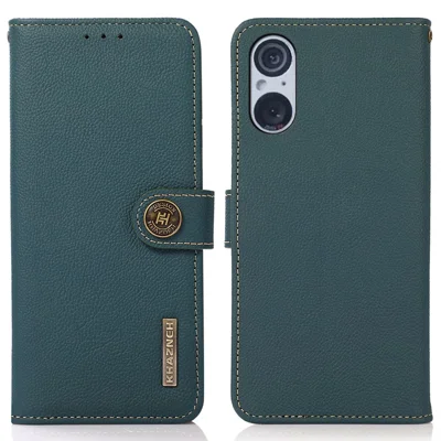 KHAZNEH Flip Case for Sony Xperia 5 V RFID Blocking Genuine Cow Leather Stand Wallet Phone Cover - Green