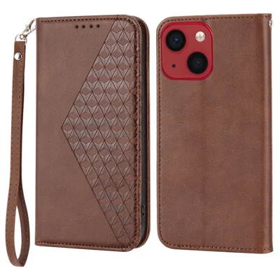 Für iPhone 15 PU-Leder-Handy-Hülle mit geprägtem Rautenmuster, Geldbörse, Ständer, stoßfest - Braun